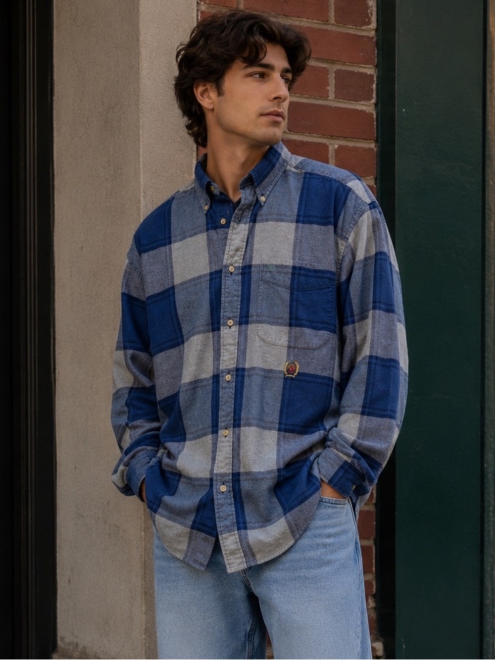 90s Tommy Hilfiger Blue and Gray Classic Plaid Oversized Button-Down Shirt
